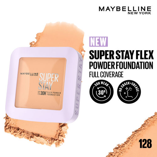 Maybelline New York Super Stay Flex Powder Foundation Compact, 128, Full Coverage, 30H Full Coverage, Perfect for Oily Skin, Waterproof & Sweatproof - 9 gm