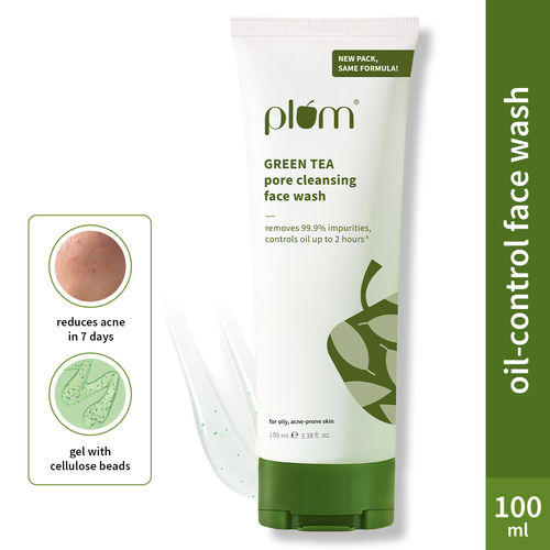 Plum Green Tea Pore Cleansing Face Wash | Acne Face Wash | Oily Skin | Bright, Clear Skin | 100% Vegan | Soap-Free | Face Wash for Women & Men | 100 ml