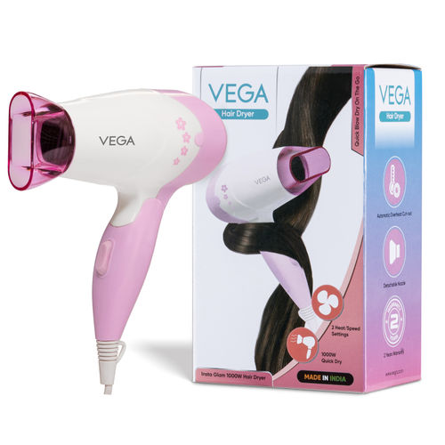 VEGA Insta Glam Foldable 900-1200Watts Hair Dryer for Men & Women, 2 Heat/Speed Settings (Low & High), Perfect Blow Dry & Style, Compact Hair Dryer for Travel & Home Use (VHDH-20) Made In India 1 pc