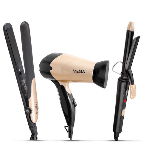 VEGA Miss Versatile Styling Set Straightener, Curler & Dryer Gift Combo for Women, 1000W Hair Dryer with 2 Head/Speed Setting, Hair Straightener & Curler comes with Ceramic Coated, (VHSS-03) 1 pc