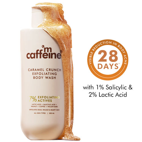 mCaffeine 7% Exfoliating Body Wash | 1% Salicylic Acid & 2% Lactic Acid Reduces Body Acne, Strawberry Skin & Smoothes | Sweet Caramel Fragrance- 300 ml