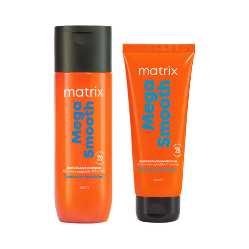 Matrix Mega Smooth Shampoo and Conditioner Combo for Frizzy, Dry Unmanageable Hair | Defy Frizz for 4 Days | Used by 1 Lakh Hairstylists* | with Shea Butter and Amino Acid (200ml + 100ml) Combo of 2
