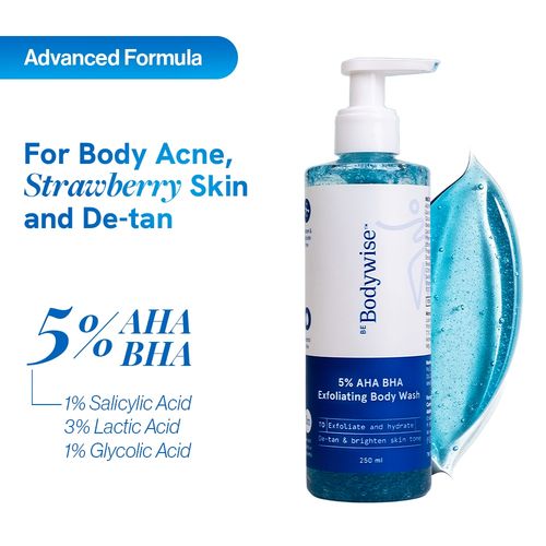 Be Bodywise 5% AHA BHA Exfoliating Body Wash 250 ml | For Body Acne, Strawberry Skin, De-Tan | Paraben & Sulphate Free