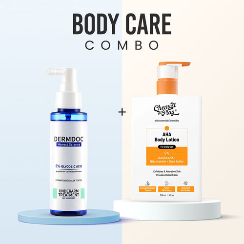 Chemist at Play & DERMDOC Body Brightening Duo (Combo of 2) | Exfoliating Body Wash (236 ml) | 5% Glycolic Acid Brightening Spray (50 ml) | Smoothening & Pigmentation Care
