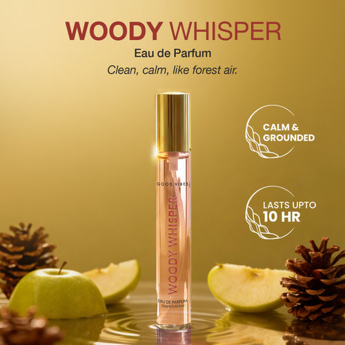 Good Vibes Woody Whisper Eau De Parfum for Women | Long-Lasting Woody Fresh Fragrance | Green Apple, Vanilla & Cedarwood Notes | Uplifting, Warm & Elegant Perfume | Premium Skin-Safe, Travel-Friendly Pocket Perfume for Women & Girls – 15 ml