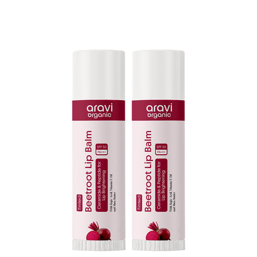 Aravi Organic Beetroot Tinted Lip Balm SPF 50 PA+++ | With Kojic Acid, Ceramide & Peptide | Lip Brightening & Hydrates Dry Lips | Soft, Healthy Lips & Sun Protection | Natural Lip Care (Pack Of 2)