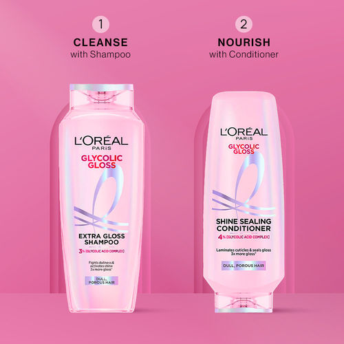 L'Oreal Paris Glycolic Gloss Shine Duo | 3X More Gloss | Shampoo 200 ml + Conditioner 175 ml, Combo of 2