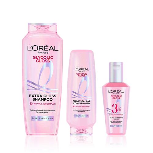 L'Oreal Paris Glycolic Gloss Hair Care Combo of 3 | Shampoo 340 ml + Conditioner 175 ml + Leave-In Serum 80 ml | 3X More Gloss for Dull Hair