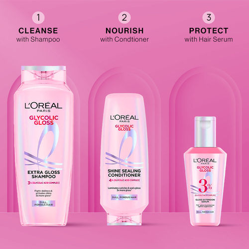 L'Oreal Paris Glycolic Gloss Hair Care Combo of 3 | Shampoo 340 ml + Conditioner 175 ml + Leave-In Serum 80 ml | 3X More Gloss for Dull Hair