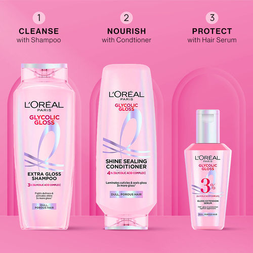 L'Oreal Paris Gloss Restoring Trio | Powered by Glycolic Acid |Shampoo 340 ml + Conditioner 340 ml + Serum 80 ml, Combo of 3