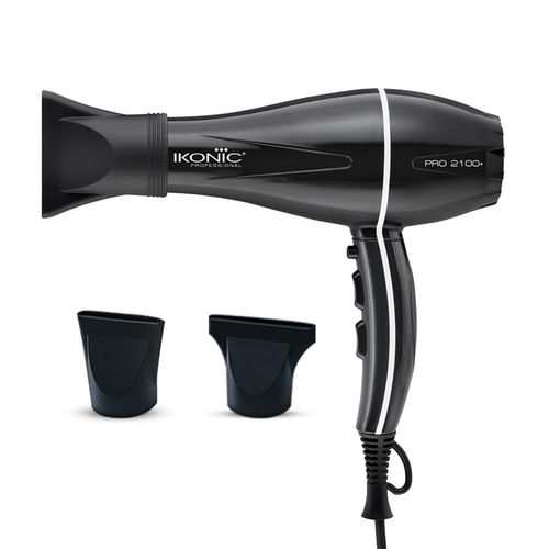IKONIC PROFESSIONAL 2100+ Hair Dryer 2000W, Black, 3 Heat And 2 Speed Settings, Cool Shot, Low Noise Function Interchangeable Nozzles, Professional Styling, For Women And Men, All Hair Type 1 pc