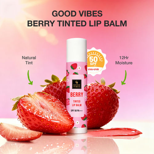 Good Vibes Berry Tinted Lip Balm SPF 50 PA+++ 4 gm | Natural Berry Tint for Rosy, Bright Lips | With Hyaluronic Acid, Strawberry & Butter Fusion (Coconut, Almond & Shea) | Hydrating, Nourishing & UV Protective | 12 Hr Moisture | Non-Sticky Formula