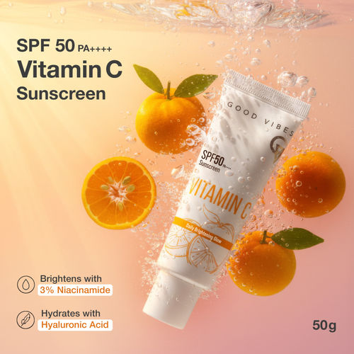 Good Vibes Vitamin C SPF 50 PA++++ Sunscreen | Brightening & Hydrating | 3% Niacinamide + Hyaluronic Acid | No White Cast, Lightweight & Non-Sticky | Daily Glow Sun Protection For All Skin Types – 50 gm