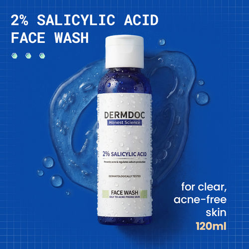 DERMDOC 2% Salicylic Acid Face Wash (120 ml) | Oily, Sensitive & Acne Prone Skin Friendly | Clears Pimples, Dark Spots, Whiteheads & Blackheads | Gentle Exfoliation