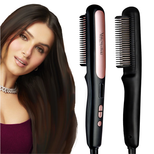 MakeMeeBold by Urban Yog Hair Straightener Brush| Frizz Free Hair | Electric Hair Straightner Comb | With Ceramic Coated Plates, 5 Temperature Controls,1200 Watt, Black, 1 Pc
