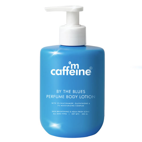 mCaffeine By the Blues Perfume Body Lotion For Brightening | 5% Niacinamide & Glutathione De-tans | Aquatic-Woody Scent | 72Hrs Moisturization - 300 ml