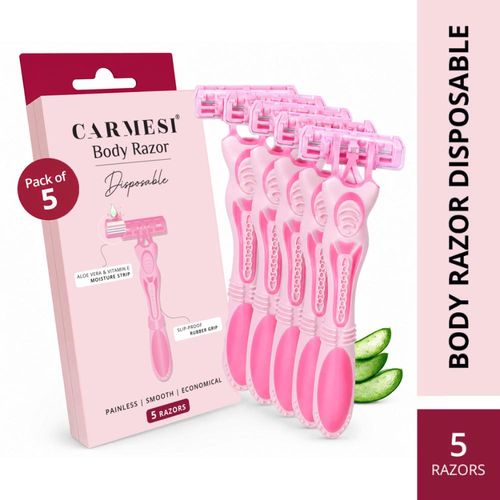 Carmesi Disposable Body Razors for Women - Pack of 5 | Aloe Vera & Vitamin E Moisture Strip For Smooth & Painless Hair Removal | Slip-Proof Rubber Grip | Safe, Hygienic & Economical