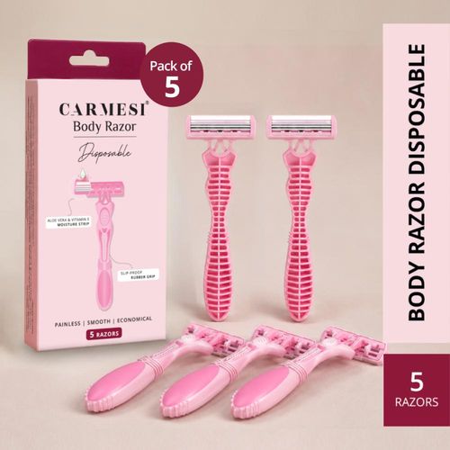 Carmesi Disposable Body Razors for Women - Pack of 5 | Aloe Vera & Vitamin E Moisture Strip For Smooth & Painless Hair Removal | Slip-Proof Rubber Grip | Safe, Hygienic & Economical