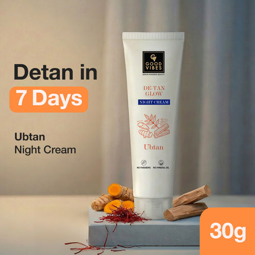 Good Vibes Ubtan De-Tan Glow Night Cream With Serum-Powered Beauty (30 gm) | Brightening & De-Tan Care | Repairs Dull, Tanned Skin | Nourishing Overnight Cream | Turmeric, Saffron & Sandalwood | For Normal to Dry Skin
