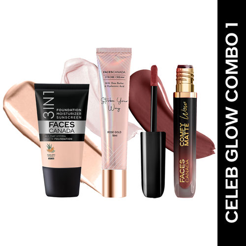 FACES CANADA Celeb Glow Combo | Strobe Cream - Rose Gold, 18 ml + Hydra Matte Foundation - Rose Ivory, 18 ml + Comfy Matte Wow - Cocoa Crush, 3.8 ml | SPF 30 | Highlighter | Highly Pigmented | Buildable Coverage | Pack of 3