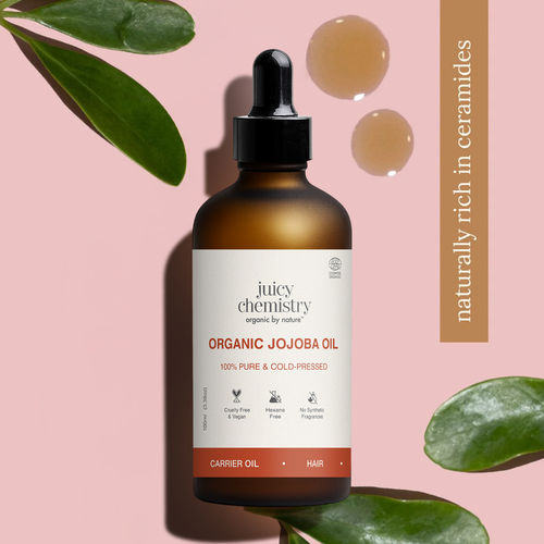 Juicy Chemistry Organic Jojoba Oil, 100 ml | 100% Pure, Cold Pressed & Theraupetic Grade | Balances Sebum | Controls Acne | Deeply Moisturises Skin & Hair | Promotes Hair Growth | Repairs Brittle Nails