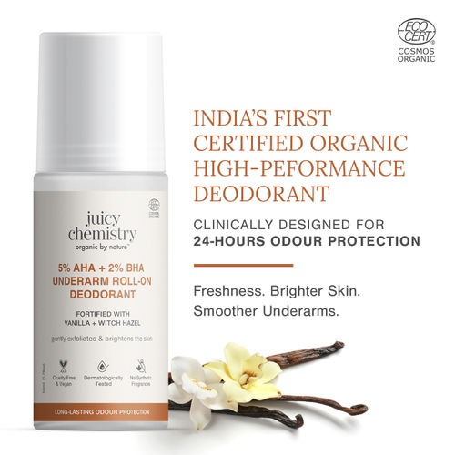 Juicy Chemistry 5% AHA + 2% BHA Underarm Roll On Deodorant, 50 ml | With Vanilla + Witch Hazel | Exfoliates & Brightens Skin | Long Lasting Odour Protection | Prevents Ingrown Hair | Soothes Iriritation | Dermatologically Tested