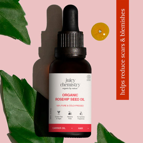 Juicy Chemistry 100% Pure & Certified Organic Rosehip Seed Oil, 30 ml | Cold-Pressed & Theraupetic Grade | Fades Scars & Pigmentation | Brightens Skin Tone | Hydrating | Boosts Collagen | Anti Ageing | Dermatologically Tested