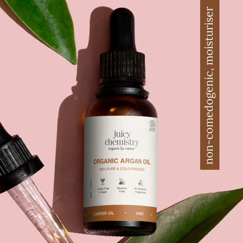 Juicy Chemistry 100% Pure & Certified Organic Argan Oil, 30 ml | 100% Pure, Cold Pressed & Theraupetic Grade | Deeply Moisturises Skin | Strengthens Hair | Controls Frizz & Adds Shine | Repairs Skin Barrier & Brittle Nails | Dermatologically Tested