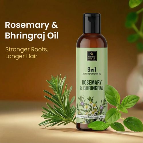 Good Vibes Rosemary & Bhringraj 9 in 1 Hair Oil | Stronger Roots & Longer Hair | With Rosemary, Bhringraj, Amla, Neem, Curry Leaf, Jojoba, Brahmi, Cedarwood & Sage Oils | Anti Hair Fall Oil | Stimulates Hair Growth 200 ml