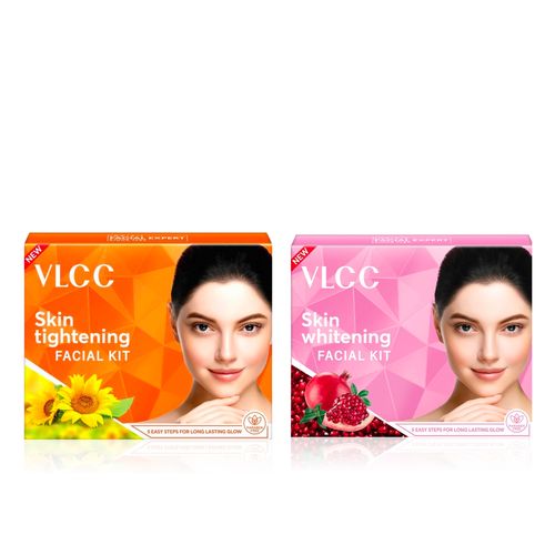 VLCC Skin Tightening Facial Kit + Skin Whitening Facial Kit Combo | Firming & Brightening Skincare for All Skin Types | Lifts, Tones & Revives Dull Skin for Youthful Radiance | Salon-Like Facial Duo (25 gm + 25 gm) - Combo of 2