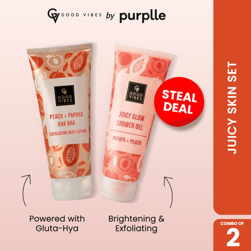 Good Vibes Juicy Skin Set (Combo of 2) | Papaya + Peaches + AHA BHA Exfolating Body Lotion (200 ml) | Papaya & Peach Juicy Glow Shower Gel (200 ml)