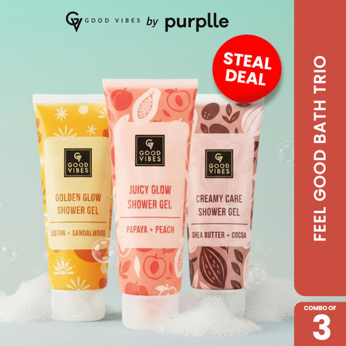 Good Vibes Feel Good Bath Trio (Combo of 3) | | Papaya & Peach Juicy Glow Shower Gel | Shea Butter & Cocoa Creamy Care Shower Gel | Ubtan & Sandalwood Shower Gel | (200 ml x 3)