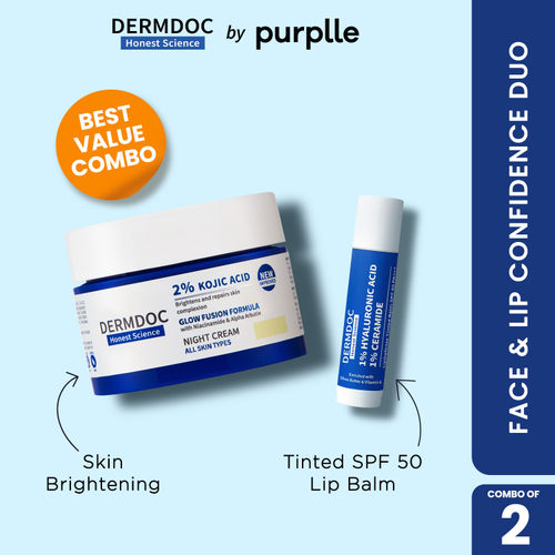 DERMDOC Face & Lip Confidence Duo (Combo of 2) | 2% Kojic Acid Glow Fusion Formula Night Cream (50 gm) | Tinted Lip Balm SPF 50 with High Tint Coverage (4 gm)
