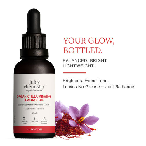 Juicy Chemistry Organic Illuminating Facial Oil with Saffron + Argan, 30 ml | Boosts Skin Glow | Promotes Healthier Barrier | Brightens & Evens Out Skin Tone | Non-sticky & Lightweight | Dermatologically Tested