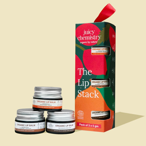 Juicy Chemistry Lip Stack - Organic Lip Balm Pack of 3, (5 gm x 3) | Blood Orange & Rosehip + Vanilla Bean + Peppermint & Chocolate | Deeply Moisturising | Repairing & Soothing Lip Care | Lip Balm Set for Men & Women