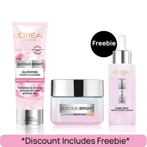 L'Oreal Paris Glycolic Bright Combo (Glycolic Bright 8% [Melasyl + Niacinamide] Face Serum for Brightening Dark Spot (15 ml) + Glycolic Bright Day Cream with SPF 17 (15 ml) + Glycolic Bright Glowing Daily Cleanser Foam (100 ml))Combo of 3
