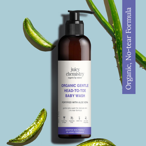 Juicy Chemistry Organic Gentle Head-to-Toe Baby Wash with Aloe Vera, 200 ml | Nourishing Cleanser for Babies | Soothes & Clarifies Skin | Gentle Daily Head-to-Toe Wash | No Tear Formula | Sulphate Free | Dermatologically Tested