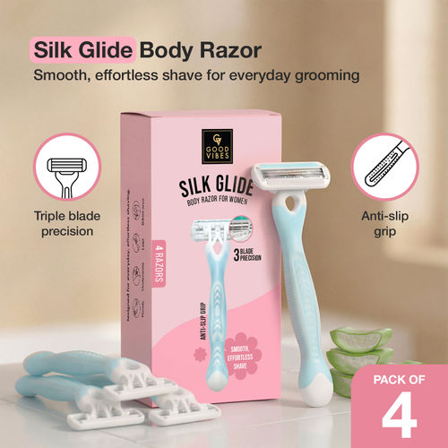 Good Vibes Silk Glide Body Razor for Women - Pack of 4 | Triple Blade Precision | Aloe Vera & Vitamin E Glide Strip | Anti-Slip Grip | Smooth & Gentle Shave | For Legs, Arms & Underarms | Sensitive Skin