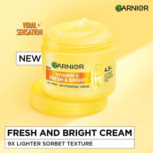 Garnier Fresh & Bright Vitamin C Sorbet Moisturizer Cream, 4.5% Vitamin C + Hyaluronic Acid + Niacinamide + BHA, 9x Lighter Sorbet Texture, For Hydration & Dark Spot Reduction, Suitable for Oily to Normal and Combination Skin, 45 gm