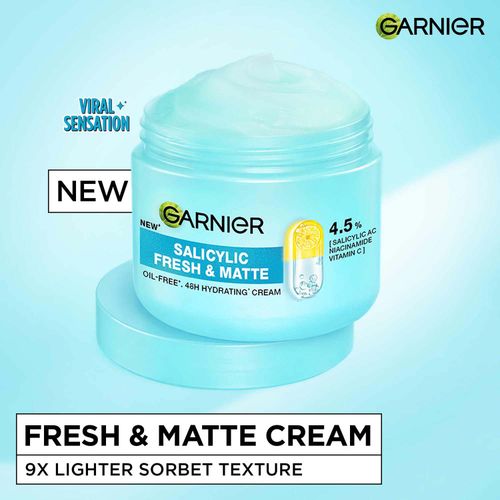 Garnier Fresh & Matte Salicylic Acid Sorbet Moisturizer Cream, 4.5% Salicylic Acid + Niacinamide + Vitamin C, 9x Lighter Sorbet Texture, For Hydration & Oil Control, Suitable for Oily to Normal and Combination Skin, 45 gm