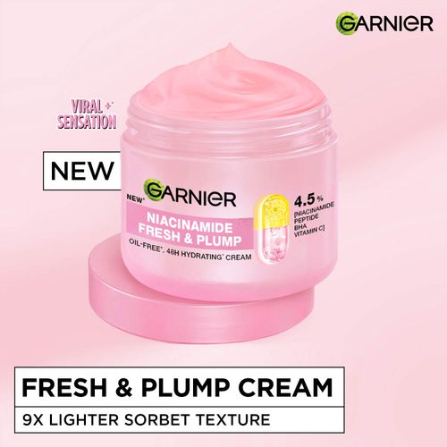 Garnier Fresh & Plump Niacinamide Sorbet Moisturizer Cream, 4.5% Niacinamide + Peptide + BHA + Vitamin C, 9x Lighter Sorbet Texture, For Hydrated and Plump Skin, Suitable for Oily to Normal and Combination Skin, 45 gm