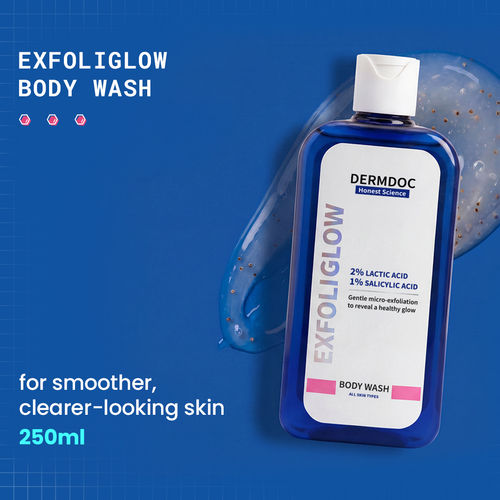 DERMDOC ExfoliGlow Body Wash with 2% Lactic Acid (AHA) & 1% Salicylic Acid (BHA) | Gently Exfoliates | Clears Clogged Pores | Removes Dead Skin | Fades Dark Spots | Hydrates | Smoothens Texture | Brightens & Refreshes Skin 250 ml