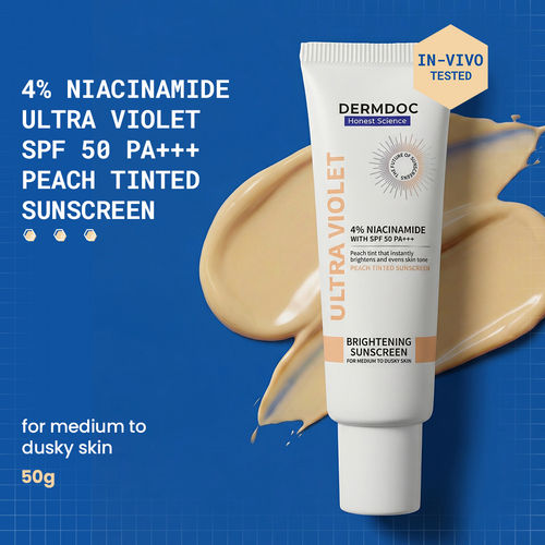 DERMDOC 4% Niacinamide Ultra Violet Peach Tinted Sunscreen SPF 50 PA+++ | Broad Spectrum UVA & UVB Protection | Brightening & Tone-Correcting Sunscreen | Lightweight Daily Wear | For Medium to Dusky Skin | 50 gm