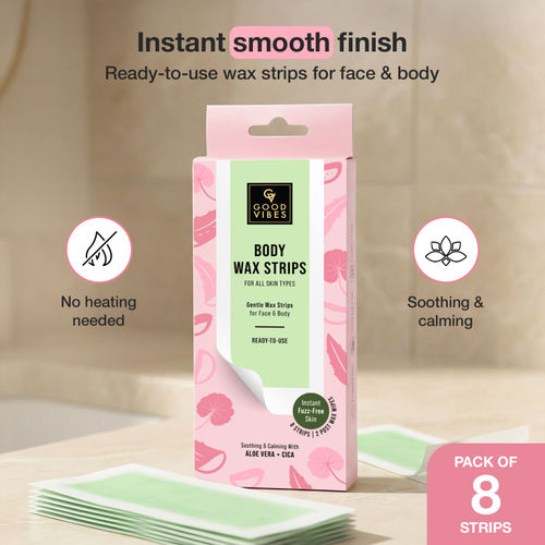 Good Vibes Aloe Vera + Cica Body Wax Strips for Face & Body | Gentle Wax Strips | Ready To Use | For all skin types | Soothing & Calming | Instant Fuzz-Free Skin | 8 Wax Strips x 2 Post-Wax Wipes