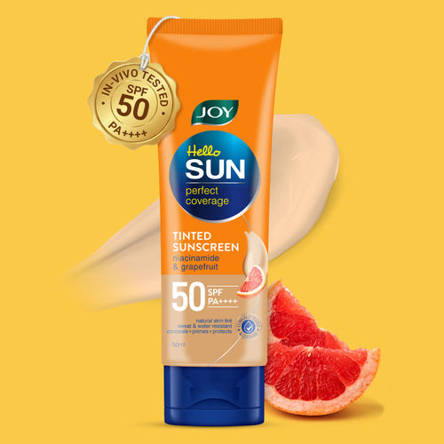 Joy Hello Sun Tinted Sunscreen SPF 50 PA +++ (50 ml) | Mattifying + Natural Tone | Protects Against UVA/UVB | Evens Skin Tone | Lightweight, Water & Sweat Resistant | For All Skin Types