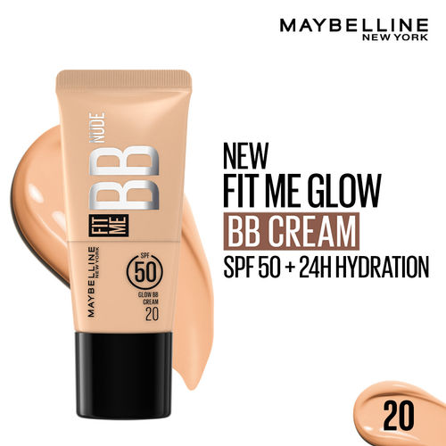Maybelline New York Fit Me Glow BB Cream, SPF 50 + 24H Hydration With Niacinamide & Hyaluronic Acid, Dewy Finish for Normal to Dry Skin - Shade 20, 25 ml