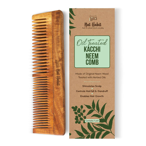Nat Habit Oil Treated Kacchi Neem Ayurvedic Wooden Comb - Dual Tooth for Detangling & Frizz Control - Pack of 1