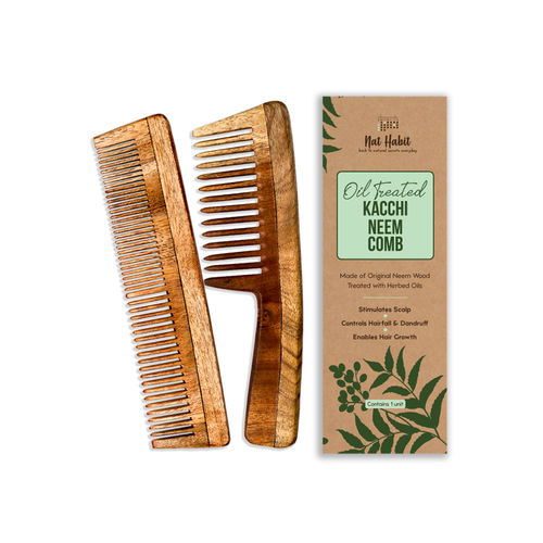 Nat Habit Oil Treated Kacchi Neem Handmade Wooden Comb - Dual + Wide Tooth Hairfall Reduction Combo - Pack of 2