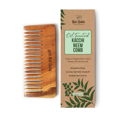 Nat Habit Oil Treated Kacchi Neem Handmade Wooden Comb - Wide Tooth for Post Shampoo Detangling - Pack of 1