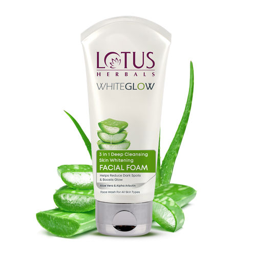 Lotus Herbals Whiteglow 3 In 1 Deep Cleaning Skin Whitening Facial Foam | Chemical Free | With Milk Enzymes & Aloe Vera Gel | For All Skin Types | 100 gm